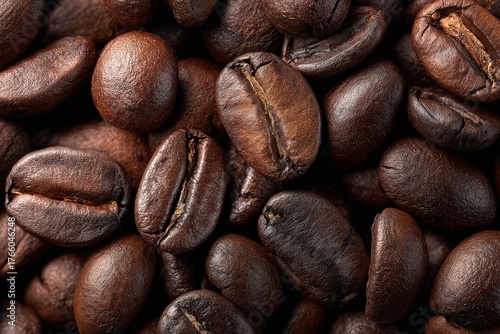 Dark Roasted Coffee Beans Scattered on a Wooden Surface With Close-Up Focus