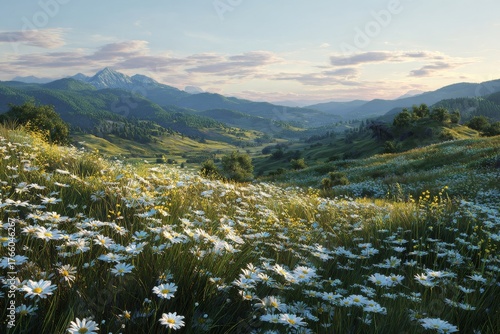 Sunny Meadow With Wildflowers and Mountains Under a Clear Blue Sky at Sunset