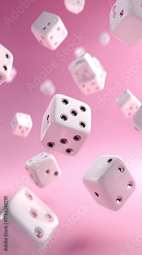 Floating White Dice on a Soft Pink Background Creating a Playful and Lively S...