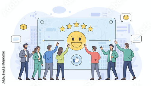 Diverse group of people interacting with a large screen displaying a happy smiley face with five stars, representing excellent customer service and satisfaction, with icons for feedback and growth