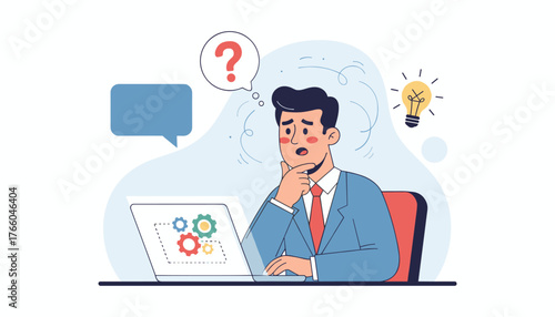 A thoughtful businessman in a blue suit and red tie sits at a laptop, pondering a complex problem with a question mark above his head, gears on the screen, and a lightbulb symbolizing an idea