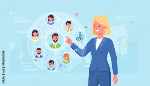 Dynamic businesswoman actively engaging with a futuristic, glowing virtual social network interface, showcasing digital connection and modern communication in a vibrant, abstract technological