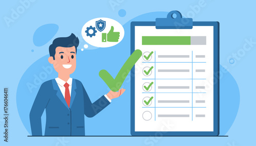 Successful businessman with a checklist and a large green checkmark, symbolizing completion and approval, with icons of a gear, shield, and thumbs up in a thought bubble, representing evaluation and