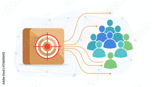 Targeted marketing concept: A wooden block with a bullseye target is connected by lines to a group of diverse people icons, symbolizing customer segmentation and audience focus in business strategy