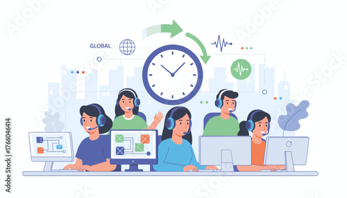 Diverse team of customer service operators wearing headsets, working at computers in a modern office setting, with a large clock symbolizing time efficiency and global connectivity represented by a