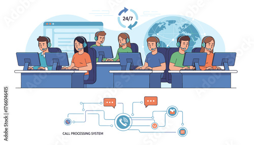 Diverse team of customer service operators wearing headsets and working at computers in a modern call center, with a 24/7 service symbol and a global network graphic in the background, illustrating