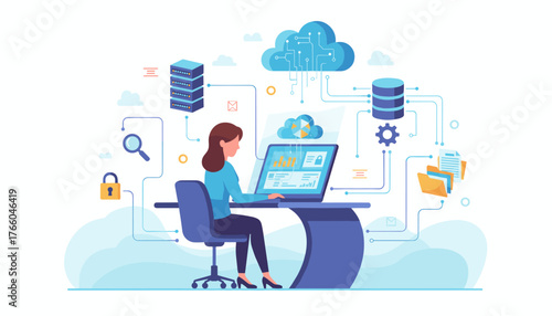 Modern flat illustration of a woman working on a laptop connected to a cloud computing network, featuring servers, databases, security icons, and data analysis charts, representing technology and