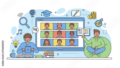 Modern flat vector illustration of online education, featuring students in a video conference, learning and studying remotely with digital devices, books, and educational icons representing knowledge