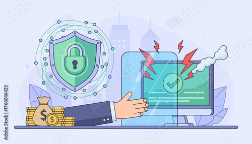 Cyber insurance concept, modern flat vector illustration of a shield with a padlock, protecting digital data and money from online threats, computer screen with checkmark and lightning bolts