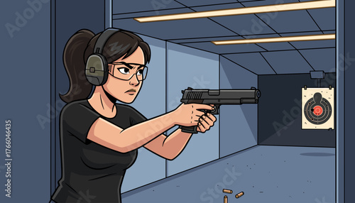 A determined woman wearing protective eyewear and earmuffs aims a handgun at a target in an indoor shooting range, practicing her marksmanship with focus and precision, surrounded by the sterile