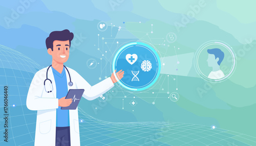A friendly male doctor in a white coat with a stethoscope around his neck, holding a tablet and pointing to a futuristic digital interface displaying medical icons like a heart, brain, and DNA