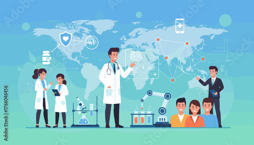 Digital healthcare concept with doctors and scientists collaborating on global medical research, utilizing advanced technology, AI, and robotic automation for innovative treatments and patient care