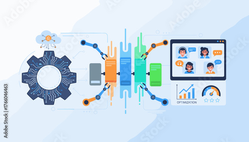 Abstract concept of digital transformation and technology strategy, illustrating the integration of artificial intelligence, cloud computing, automation, and data analysis to optimize business