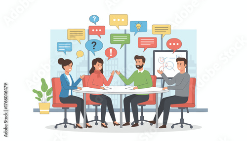 Diverse team of professionals engaged in a lively discussion and brainstorming session, sharing ideas and asking questions in a modern office setting, symbolizing collaboration and innovation.