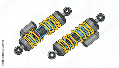 Detailed illustration of two yellow motorcycle shock absorbers with visible internal components, presented on a blueprint grid background with subtle gear outlines, highlighting precision engineering