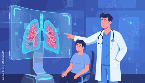 Doctor points to a holographic display of lungs infected with COVID-19 virus, explaining the condition to a concerned patient in a medical consultation, highlighting the impact of the pandemic on