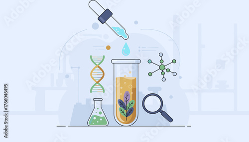Vibrant scientific illustration depicting a laboratory experiment with a dropper releasing a blue liquid into a test tube containing yellow liquid and a plant, alongside a DNA helix, a molecular