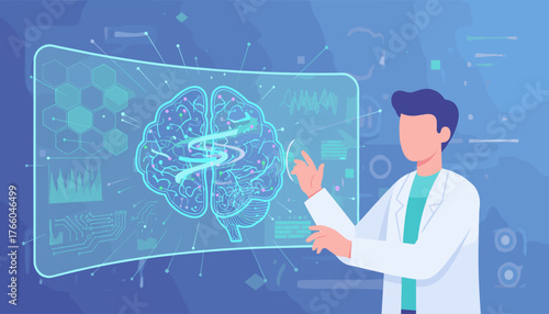 A doctor in a white lab coat interacts with a futuristic holographic display showing a detailed 3D model of the human brain, complete with neural pathways and data visualizations, representing