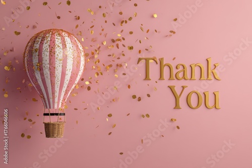 Happy Hot Air Balloon With Thank You Message and Golden Confetti on Pink Back...