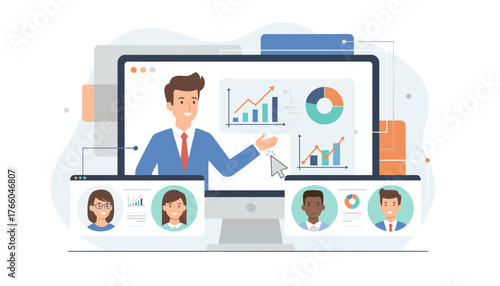 Engaging online presentation or webinar with a smiling businessman explaining charts and graphs to a diverse group of remote participants connected via video conference, illustrating digital business
