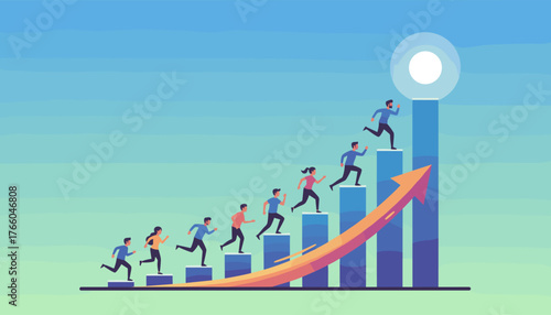 Diverse group of people running up a rising bar graph towards a bright goal, symbolizing business growth, success, teamwork, and achieving objectives in a dynamic, upward trajectory with an arrow