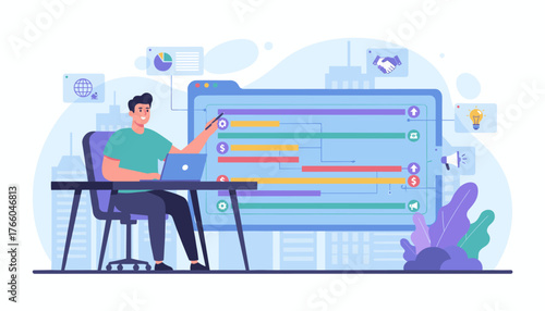 Modern flat illustration of a smiling project manager sitting at a desk with a laptop, pointing at a digital Gantt chart schedule on a large screen, surrounded by business icons like a globe, pie