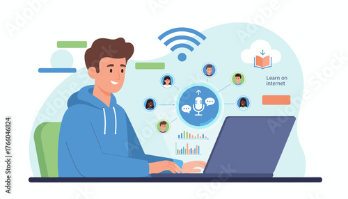 Vibrant illustration of a young man engaged in online learning via a laptop, surrounded by icons representing web conferencing, global communication, and digital education, symbolizing the concept of