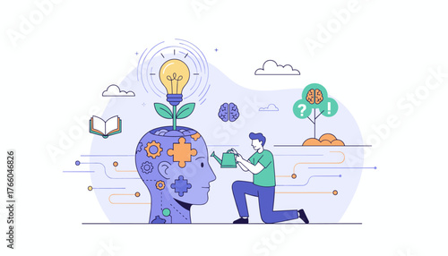 Conceptual illustration of personal growth and innovation, showing a person watering a plant growing from a giant head filled with gears and puzzle pieces, symbolizing the nurturing of ideas and
