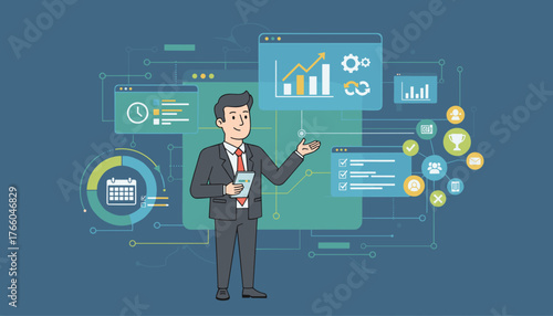 Modern flat illustration of a businessman presenting a strategic plan with charts, graphs, calendar, and icons representing teamwork, goals, and tasks, showcasing effective project management and