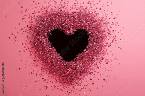 Heart Shape Made of Black Glitter on Pink Sparkling Background