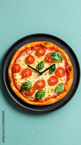 Delicious Pizza Featuring Tomatoes and Fresh Basil Arranged as Clock on a Tea...