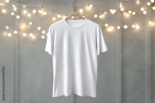 White T-Shirt Hanging Against a Gray Wall With String Lights in a Cozy Setting