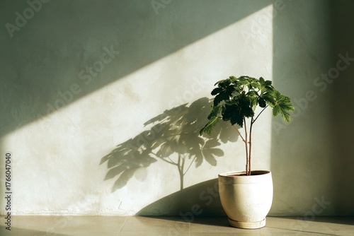 Sunlight Casting Shadows on a Potted Plant in a Minimalist Interior Space