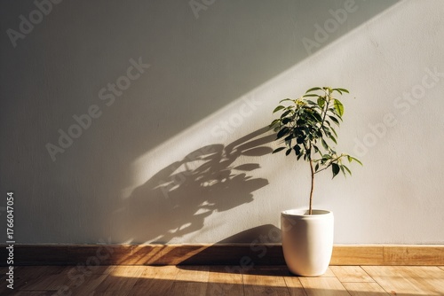 Sunlight Casting Shadows on a Potted Plant in a Minimalist Interior Space