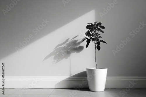 Bright Sunlight Casts a Shadow of a Green Plant in a White Pot Against a Wall