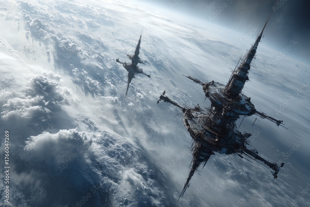 Naklejka premium Two futuristic spacecraft clash above Earth atmosphere, surrounded by dramatic clouds and debris. The image captures sci-fi action, tension, and epic conflict.