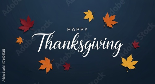Happy Thanksgiving text with falling autumn leaves on a dark blue background.