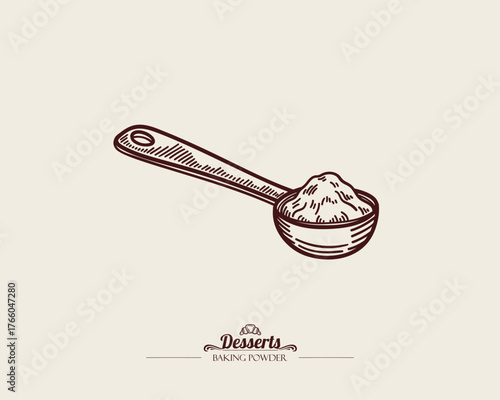 Small measuring spoon with baking powder. Teaspoon with flour, vector line art illustration.