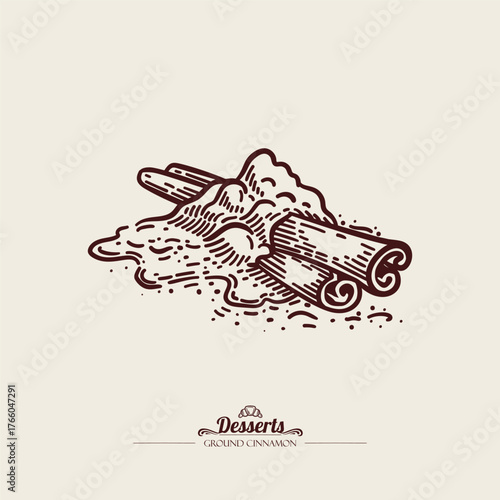 Two cinnamon sticks on a hill of ground cinnamon. vector linear illustration.
