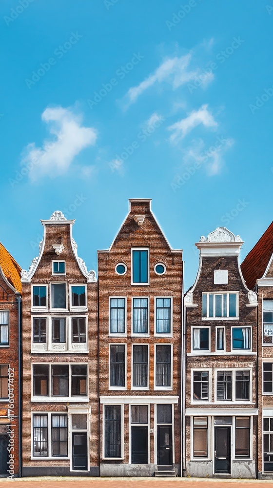 Fototapeta premium Historic Dutch Houses Stand Tall Under a Clear Blue Sky in Amsterdams Vibrant Architecture Scene