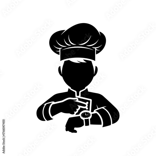 Chef icon in black silhouette pointing at wristwatch for punctuality themes