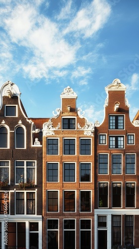 Colorful Historic Buildings Line a Street in Amsterdam Under a Bright Blue Sky