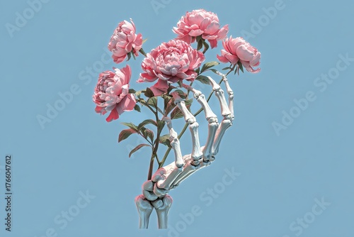 Skeleton Hand Holding Pink Peonies Against a Light Blue Background
