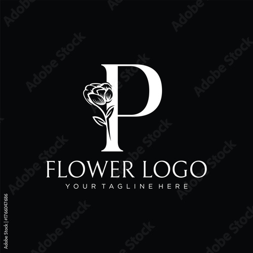 Initial Letter P Rose Flower Logo Design Template Inspiration, Vector Illustration. Black Background