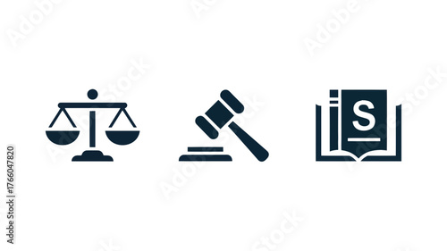 Illustration of justice symbols featuring scales, gavel, and law book in a simple graphic style