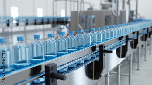 Bottling Plant Production Line with Conveyor Belt. bottling plant production line. A metal conveyor belt is transporting clear plastic bottles in a single file line. The background is a blurred