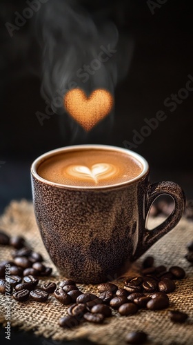 Hot Coffee Cup Surrounded by Coffee Beans on Burlap With Steam Rising in a Co...