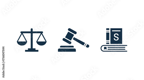 Illustration of justice symbols including scales gavel and law book in a simple flat design style