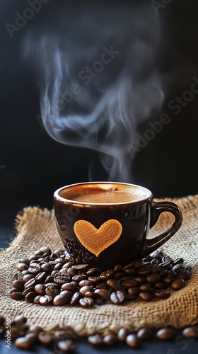 Hot Coffee Cup Surrounded by Coffee Beans on Burlap With Steam Rising in a Co...