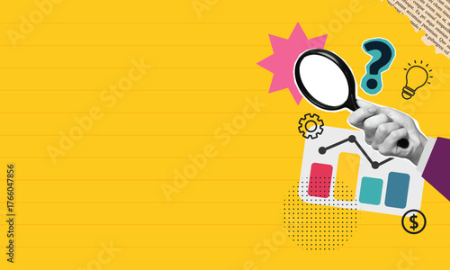 Trendy Halftone Collage Search idea. Hand holding magnifying glass, business concept.